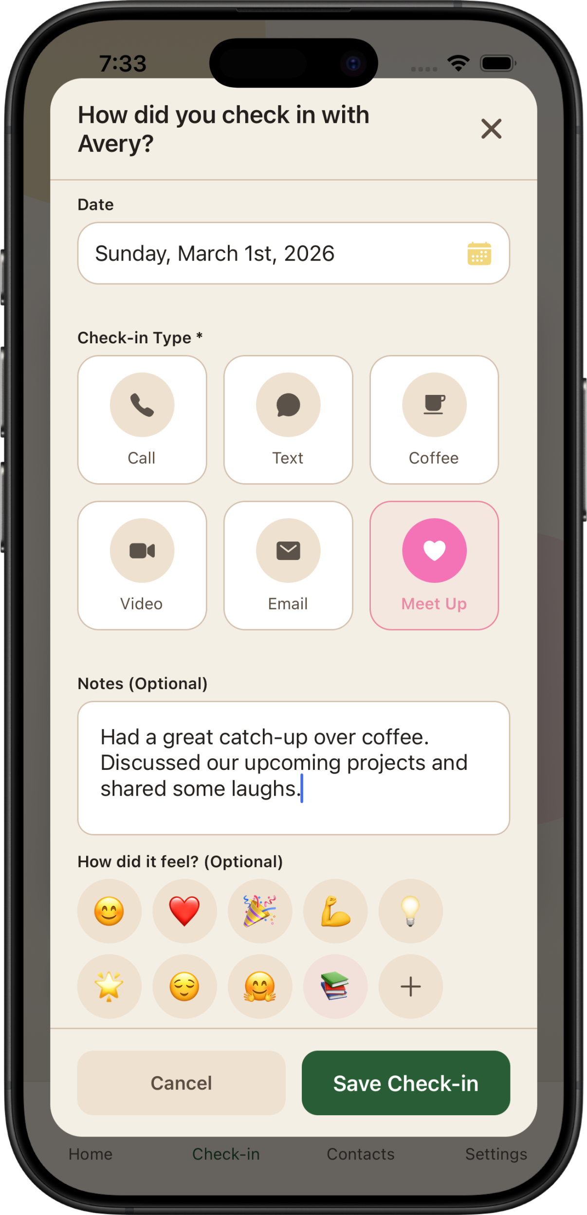 Check-in modal with interaction options