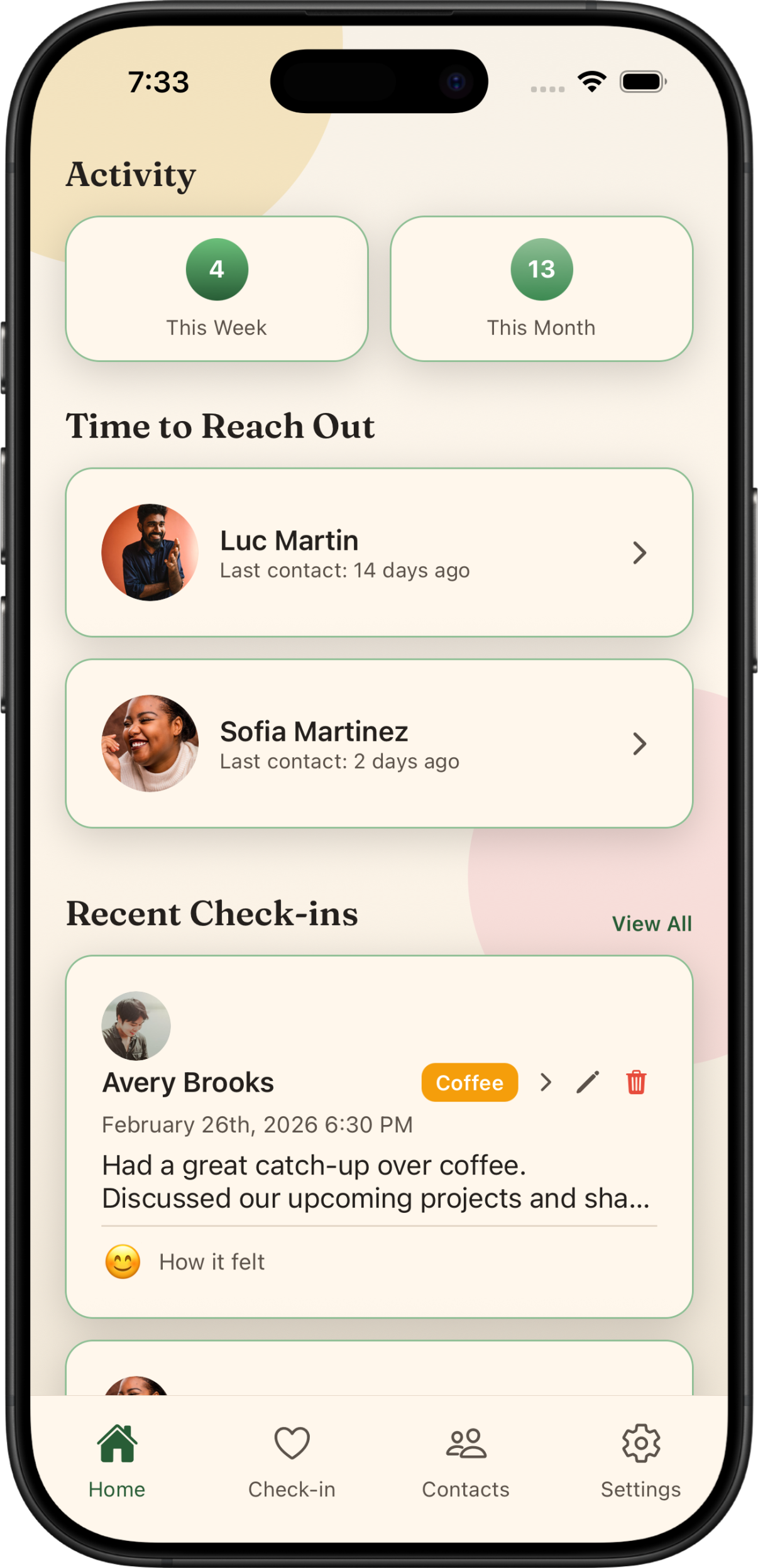 Home screen with recent check-ins
